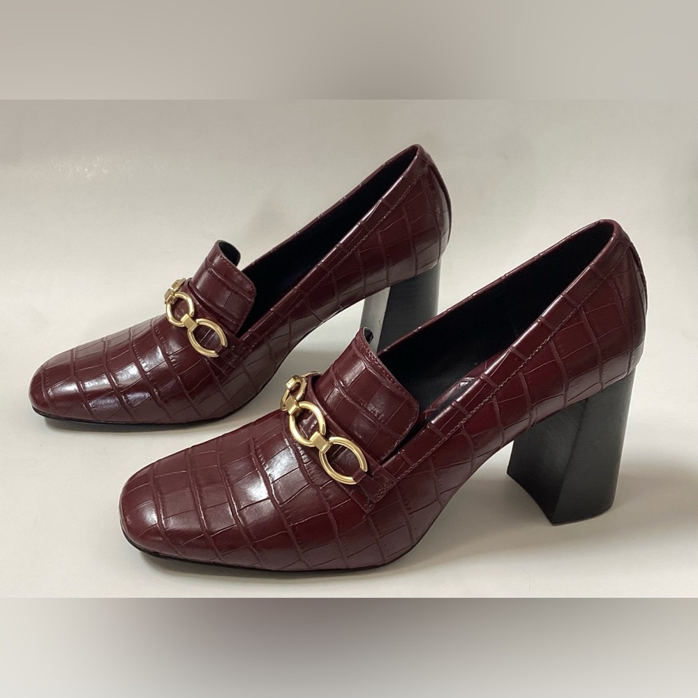 Violeta by Mango Block Heel Loafer New sz 41 Women Square toe Shoes Leather Croc